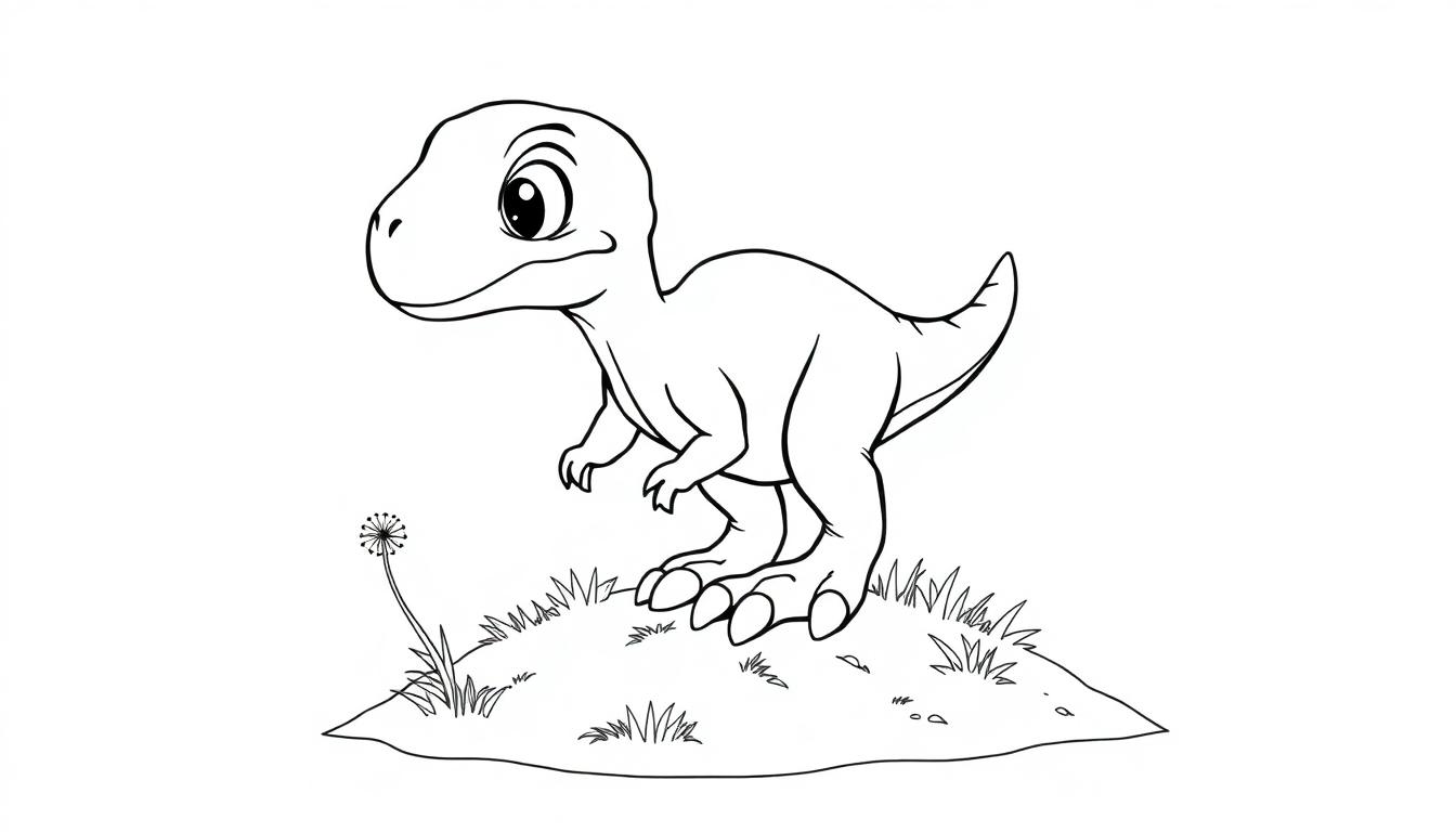 Schwarz-Weiß-Farbtafel eines niedlichen Dinosauriers mit großen Augen und Federn, der auf einem Hügel steht.