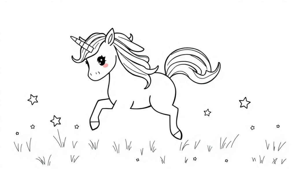 Ein niedliches schwarzes und weißes Einhorn-Cartoon mit Sternen und einem rosafarbenen Tupfer auf der Wange als Farbtafel.