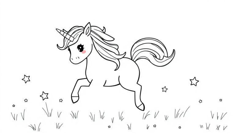Ein niedliches schwarzes und weißes Einhorn-Cartoon mit Sternen und einem rosafarbenen Tupfer auf der Wange als Farbtafel.
