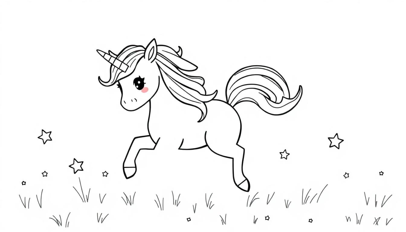 Ein niedliches schwarzes und weißes Einhorn-Cartoon mit Sternen und einem rosafarbenen Tupfer auf der Wange als Farbtafel.
