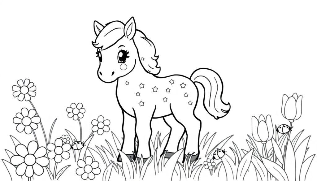 Schwarz-Weiß-Malvorlage eines niedlichen Einhornfohlens mit Sternen im Fell, das inmitten von Blumen steht. Eine Farbtafel für Kinder.