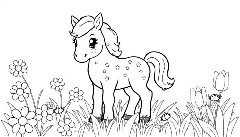 Schwarz-Weiß-Malvorlage eines niedlichen Einhornfohlens mit Sternen im Fell, das inmitten von Blumen steht. Eine Farbtafel für Kinder.