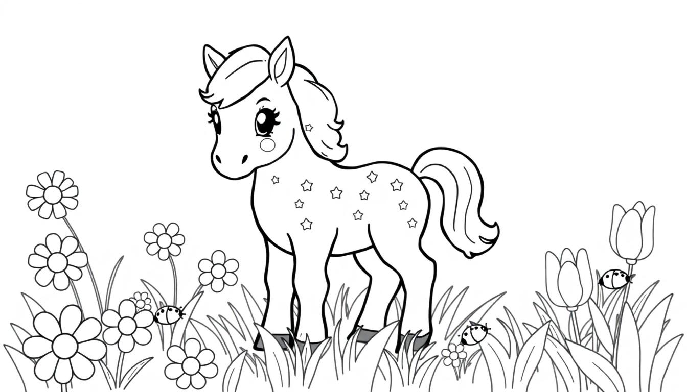 Schwarz-Weiß-Malvorlage eines niedlichen Einhornfohlens mit Sternen im Fell, das inmitten von Blumen steht. Eine Farbtafel für Kinder.