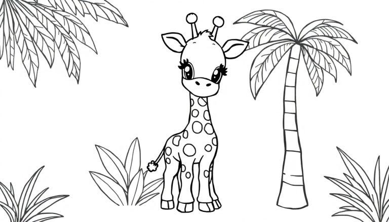 Ein niedliches Giraffenbaby im Dschungel, bereit zum Ausmalen, als Schwarz-Weiß-Farbtafel-Illustration für Kinder.