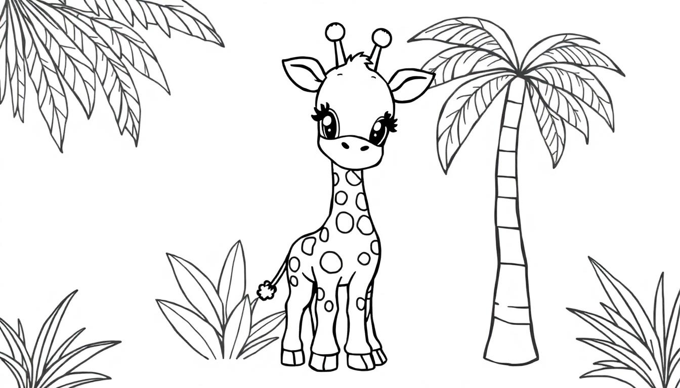 Ein niedliches Giraffenbaby im Dschungel, bereit zum Ausmalen, als Schwarz-Weiß-Farbtafel-Illustration für Kinder.