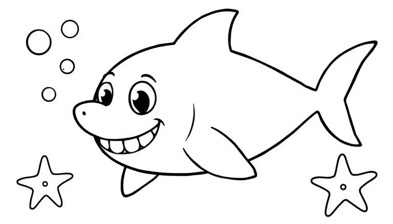 Schwarz-Weiß-Farbtafel eines niedlichen Cartoon-Hais, der im Meer lächelt, mit Blasen und Seesternen.