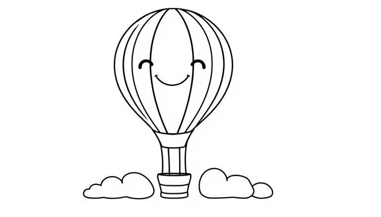Eine Schwarz-Weiß-Farbtafel eines niedlichen Heißluftballons mit einem lächelnden Gesicht, der über flauschigen Wolken schwebt.