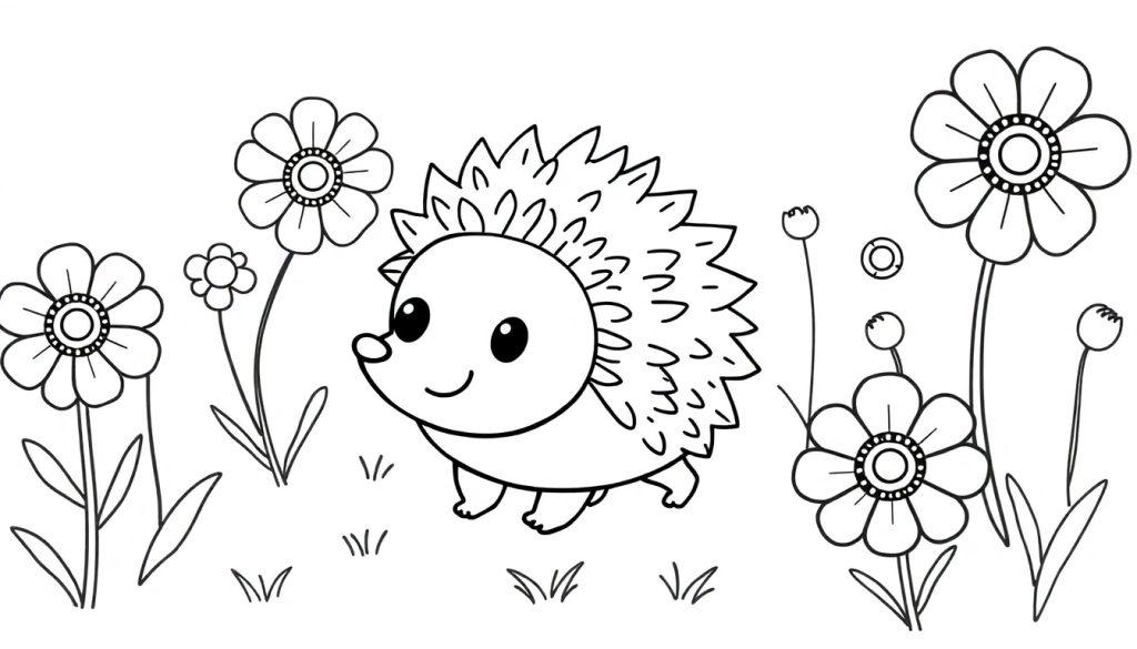 Eine Schwarz-Weiß-Farbtafel mit einem niedlichen Igel in einer Blumenwiese.