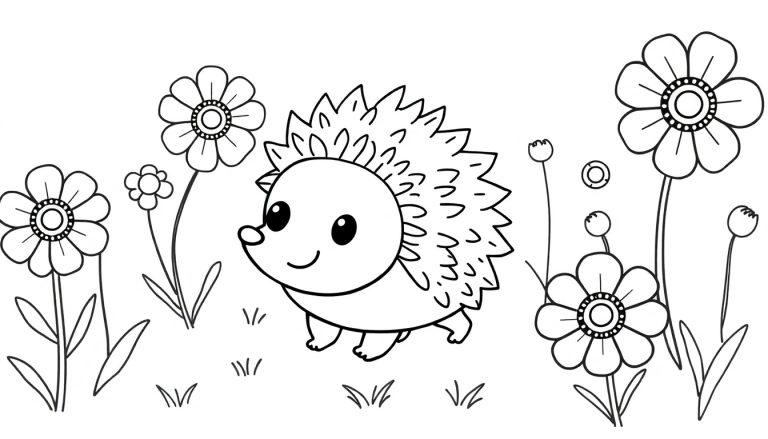 Eine Schwarz-Weiß-Farbtafel mit einem niedlichen Igel in einer Blumenwiese.