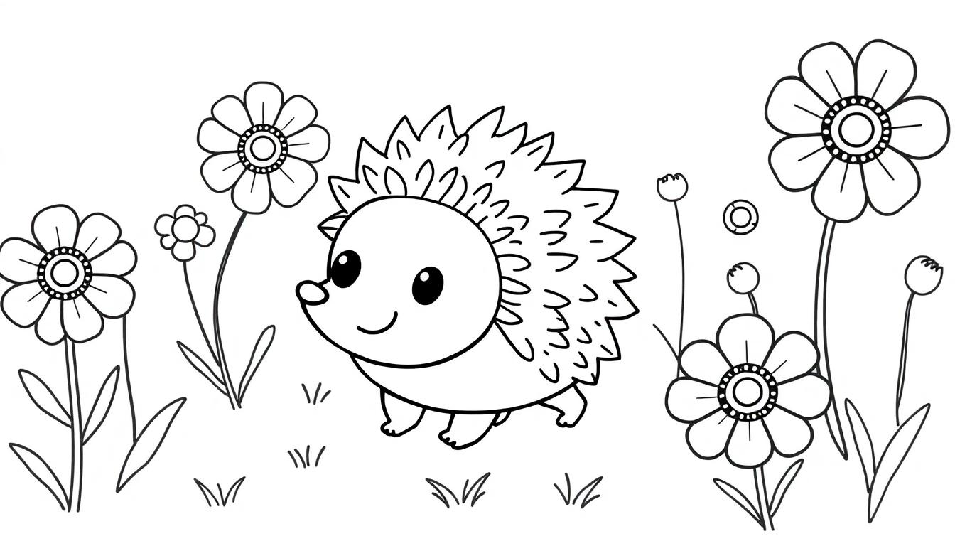 Eine Schwarz-Weiß-Farbtafel mit einem niedlichen Igel in einer Blumenwiese.