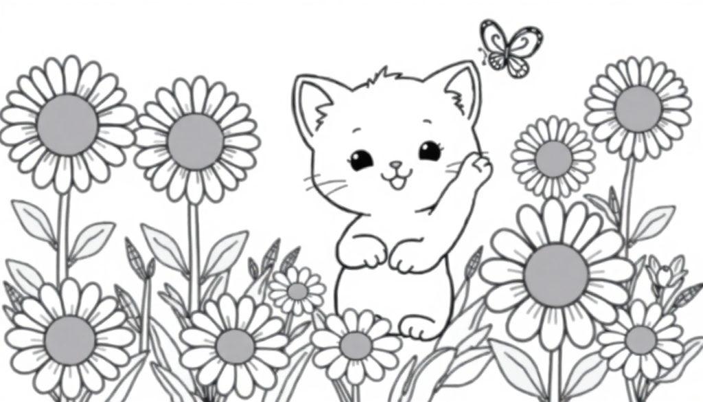 Schwarz-weiß Ausmalbild-Farbtafel einer niedlichen Kawaii-Katze in einer Blumenwiese, die einen Schmetterling betrachtet.