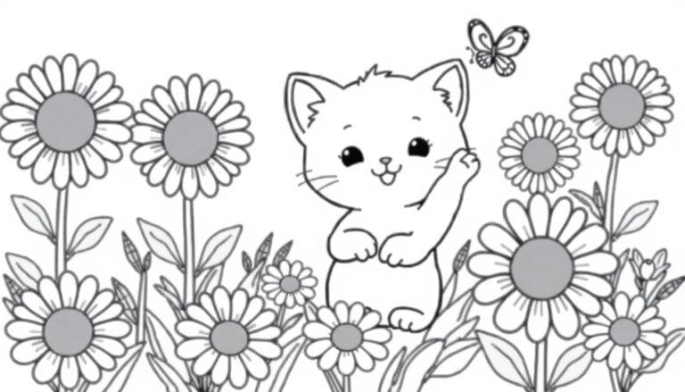 Schwarz-weiß Ausmalbild-Farbtafel einer niedlichen Kawaii-Katze in einer Blumenwiese, die einen Schmetterling betrachtet.