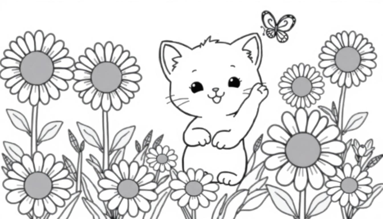Schwarz-weiß Ausmalbild-Farbtafel einer niedlichen Kawaii-Katze in einer Blumenwiese, die einen Schmetterling betrachtet.