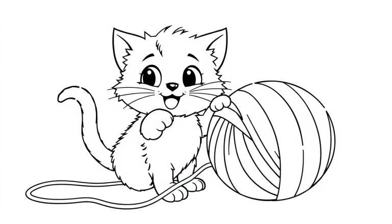 Schwarz-Weiß-Farbtafel eines niedlichen Cartoon-Kätzchens, das mit einem Wollknäuel spielt.