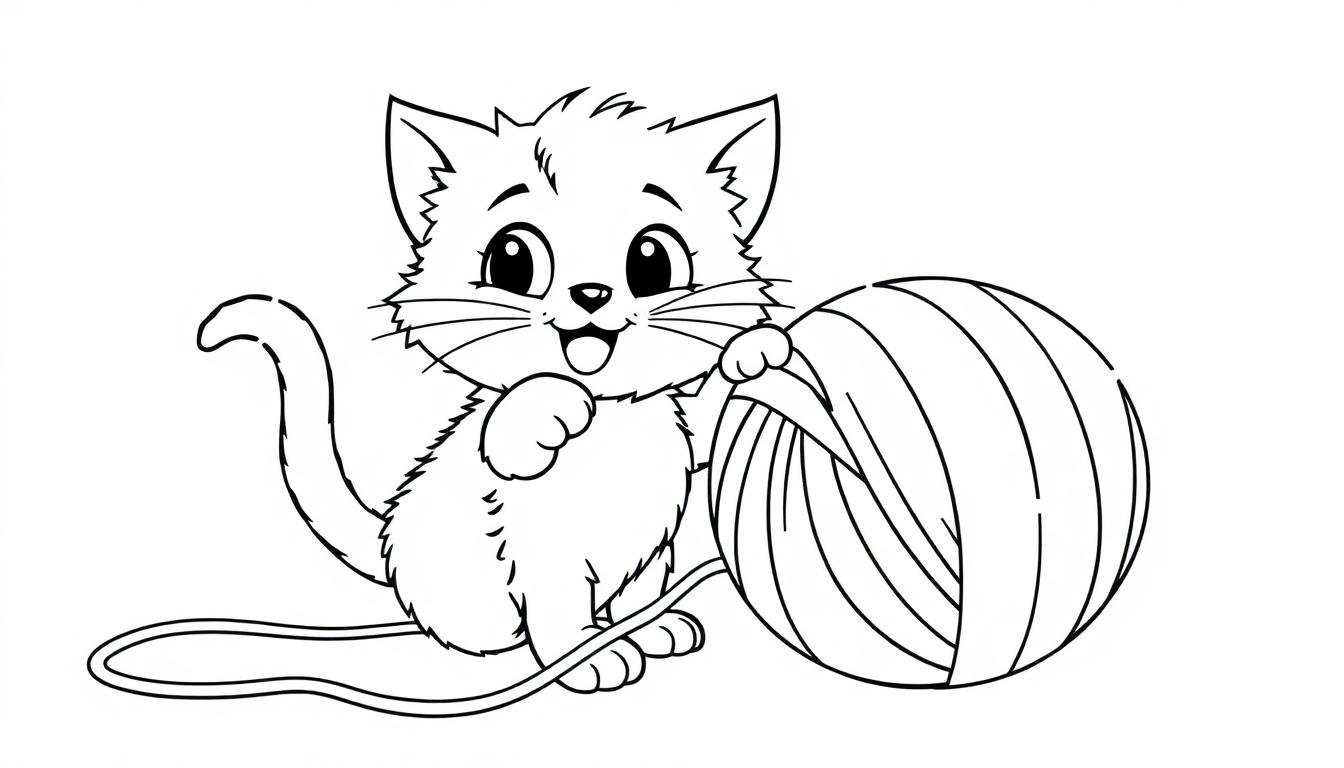 Schwarz-Weiß-Farbtafel eines niedlichen Cartoon-Kätzchens, das mit einem Wollknäuel spielt.