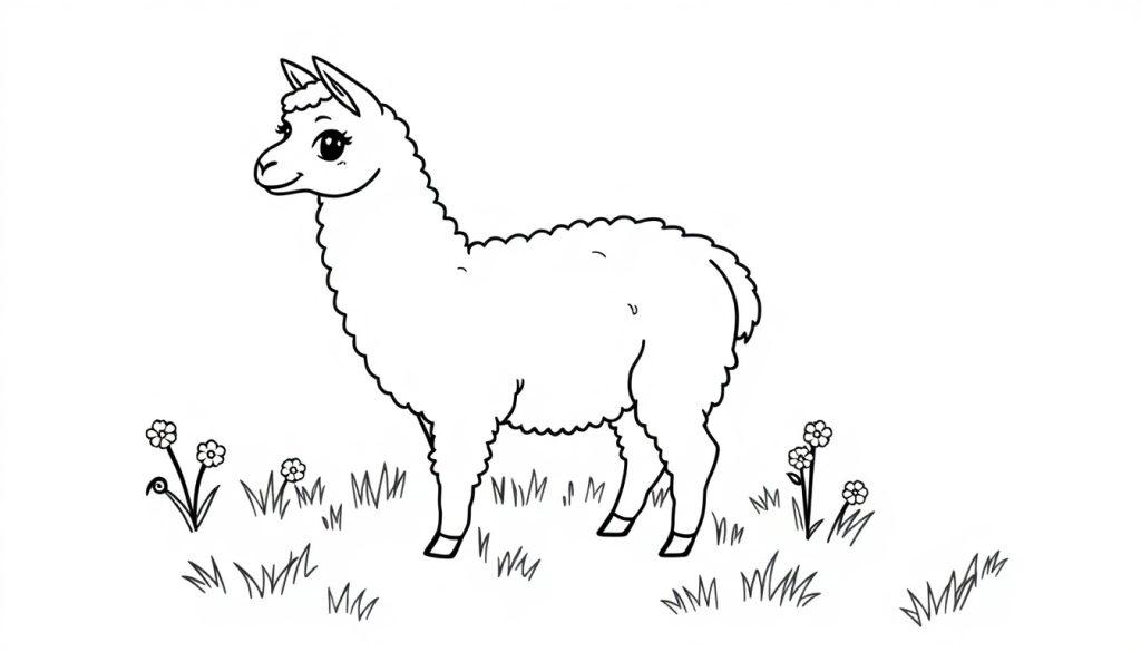Eine niedliche, cartoonartige Farbtafel eines weißen Lamas mit großen Augen und einem Lächeln auf einem Grasfeld mit Gänseblümchen.