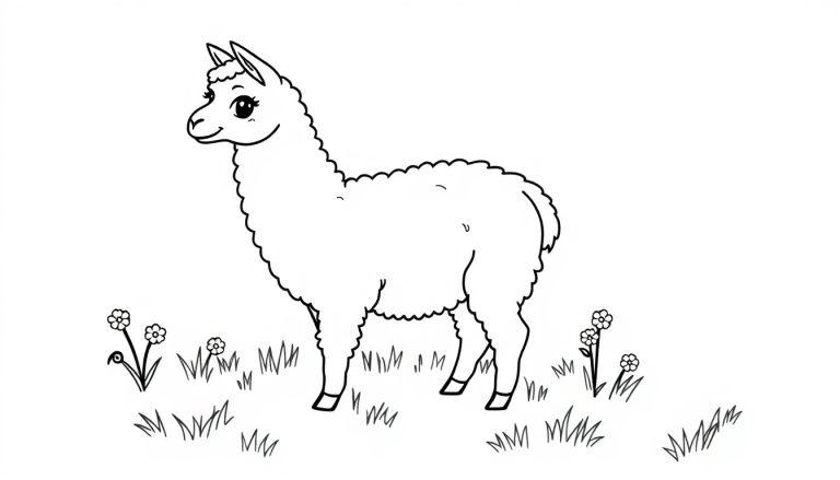 Eine niedliche, cartoonartige Farbtafel eines weißen Lamas mit großen Augen und einem Lächeln auf einem Grasfeld mit Gänseblümchen.
