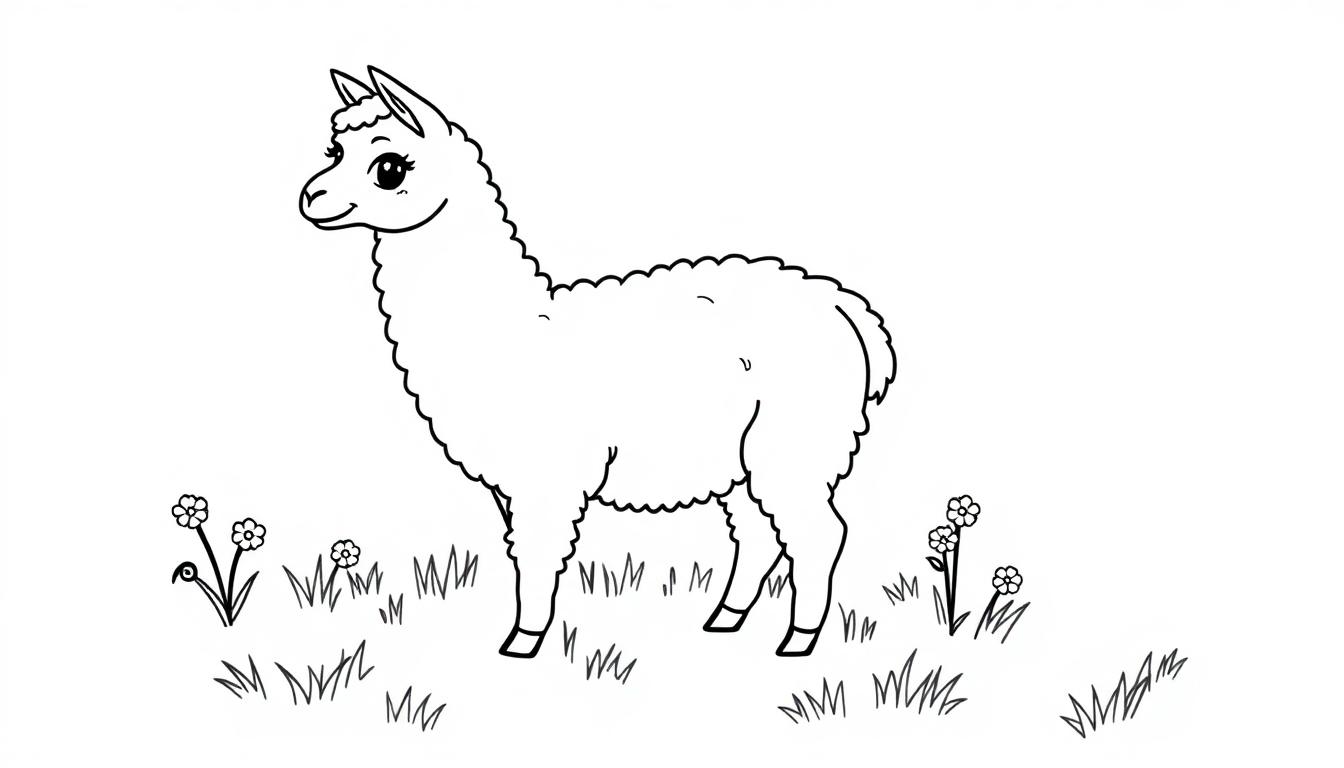 Eine niedliche, cartoonartige Farbtafel eines weißen Lamas mit großen Augen und einem Lächeln auf einem Grasfeld mit Gänseblümchen.