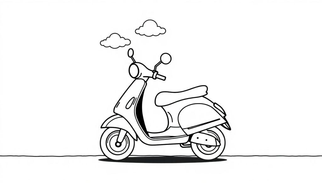 Eine Schwarz-Weiß-Farbtafel eines niedlichen Motorrollers mit Umrisslinien.
