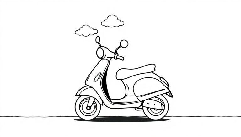 Eine Schwarz-Weiß-Farbtafel eines niedlichen Motorrollers mit Umrisslinien.