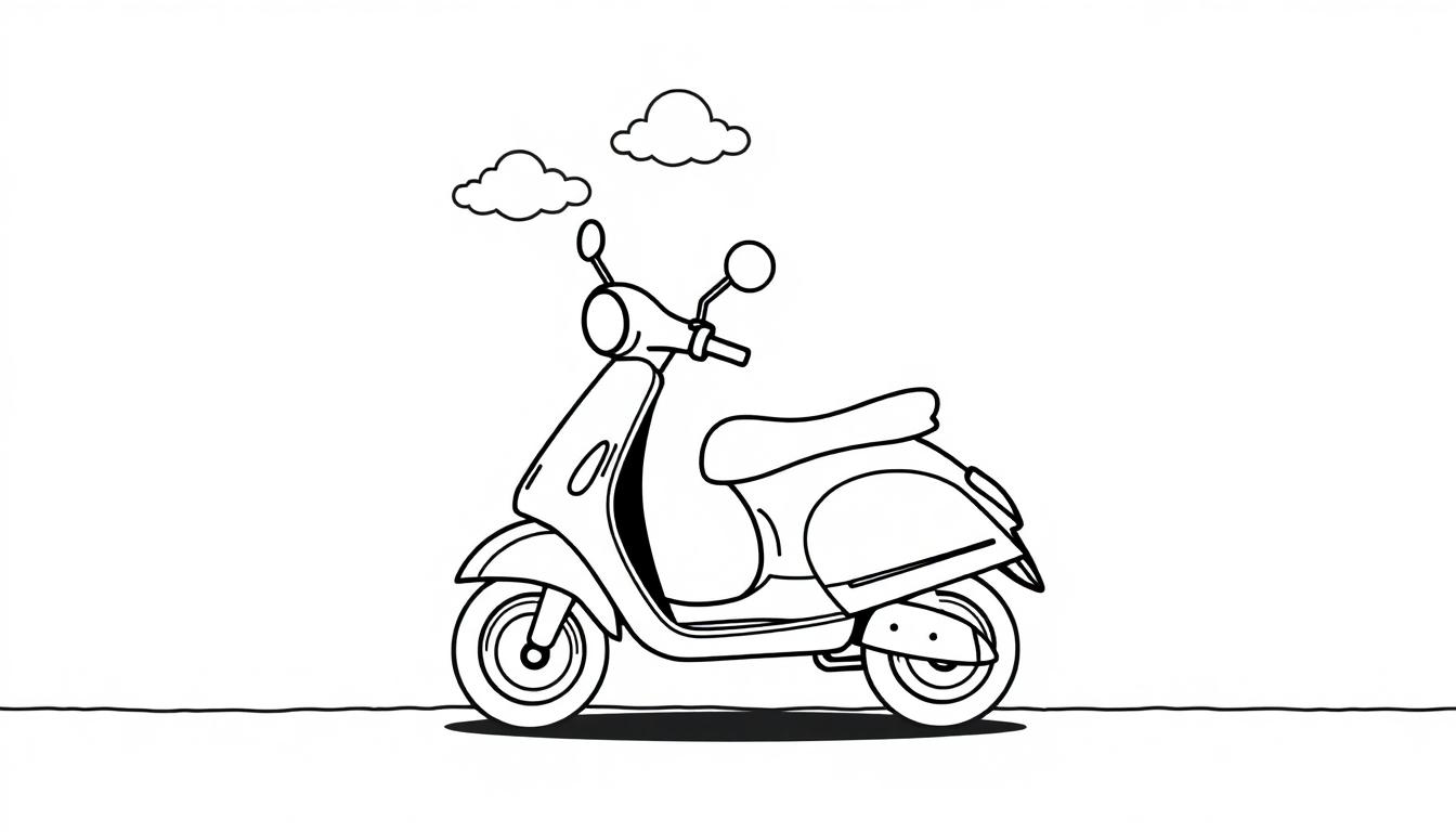 Eine Schwarz-Weiß-Farbtafel eines niedlichen Motorrollers mit Umrisslinien.