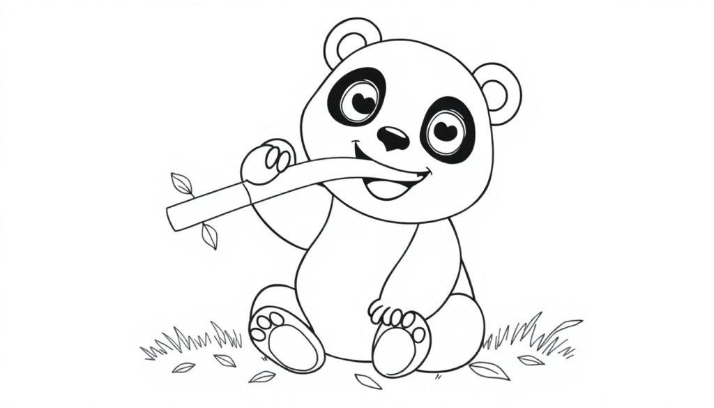 Eine niedliche schwarz-weiße Panda-Farbtafel, die auf dem Boden sitzt und Bambus frisst.