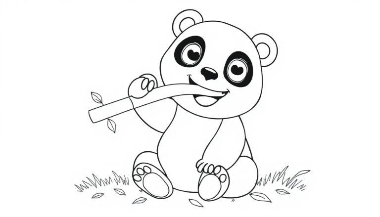 Eine niedliche schwarz-weiße Panda-Farbtafel, die auf dem Boden sitzt und Bambus frisst.
