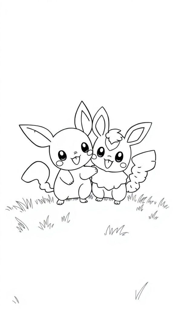 Zwei niedliche Pokémon-Babys stehen in einer grünen Wiese.