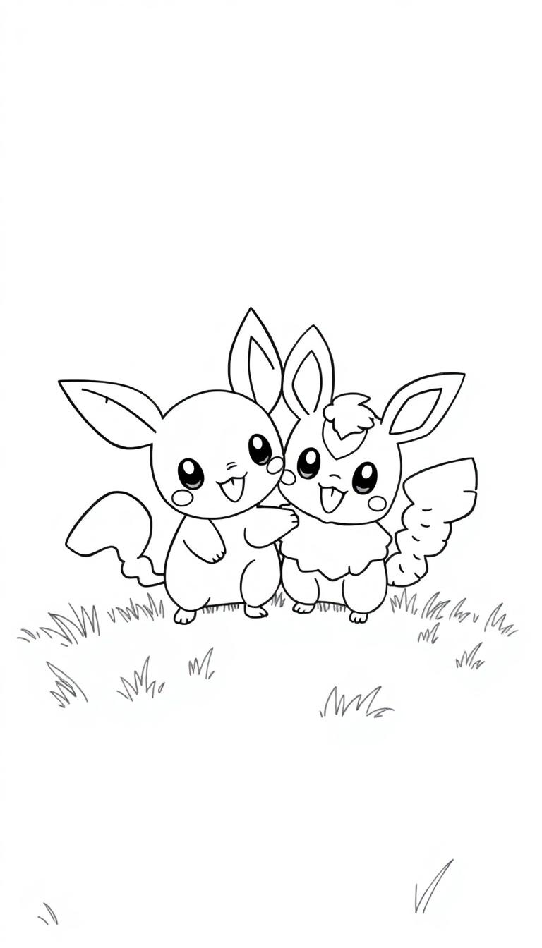 Zwei niedliche Pokémon-Babys stehen in einer grünen Wiese.