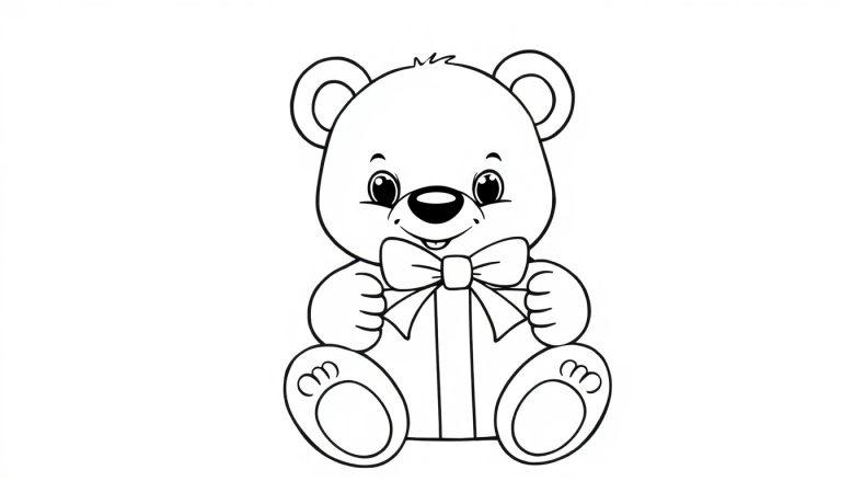 Schwarz-Weiß-Farbtafel eines niedlichen Teddybären mit Fliege und Geschenk.