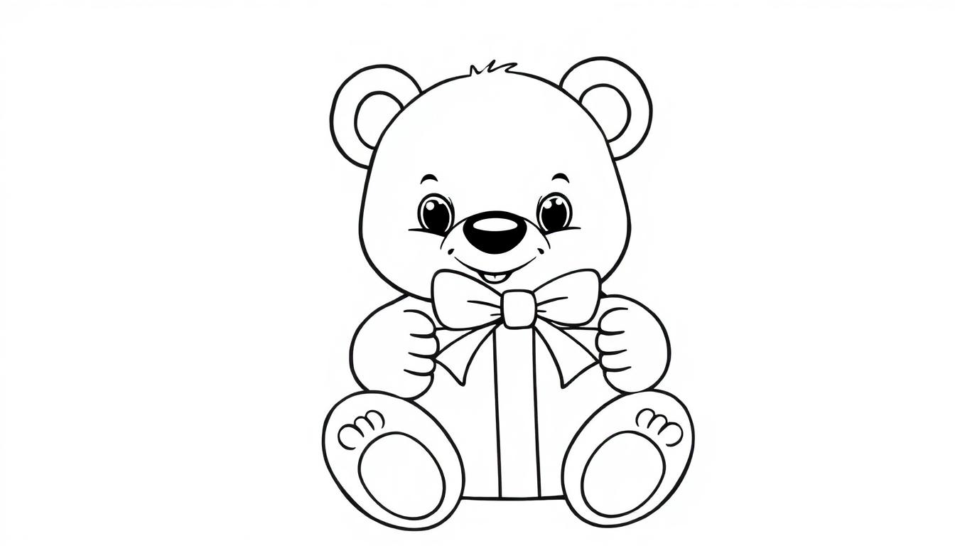 Schwarz-Weiß-Farbtafel eines niedlichen Teddybären mit Fliege und Geschenk.