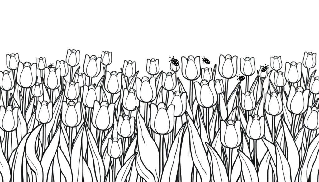 Eine Schwarz-Weiß-Farbtafel einer Tulpenwiese mit Marienkäfern.
