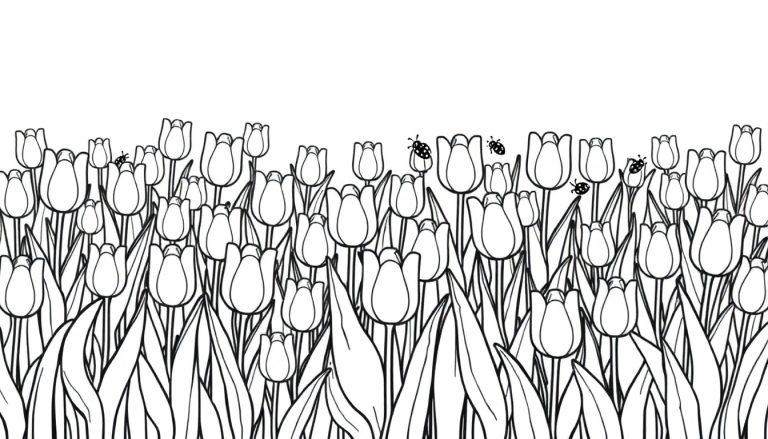 Eine Schwarz-Weiß-Farbtafel einer Tulpenwiese mit Marienkäfern.