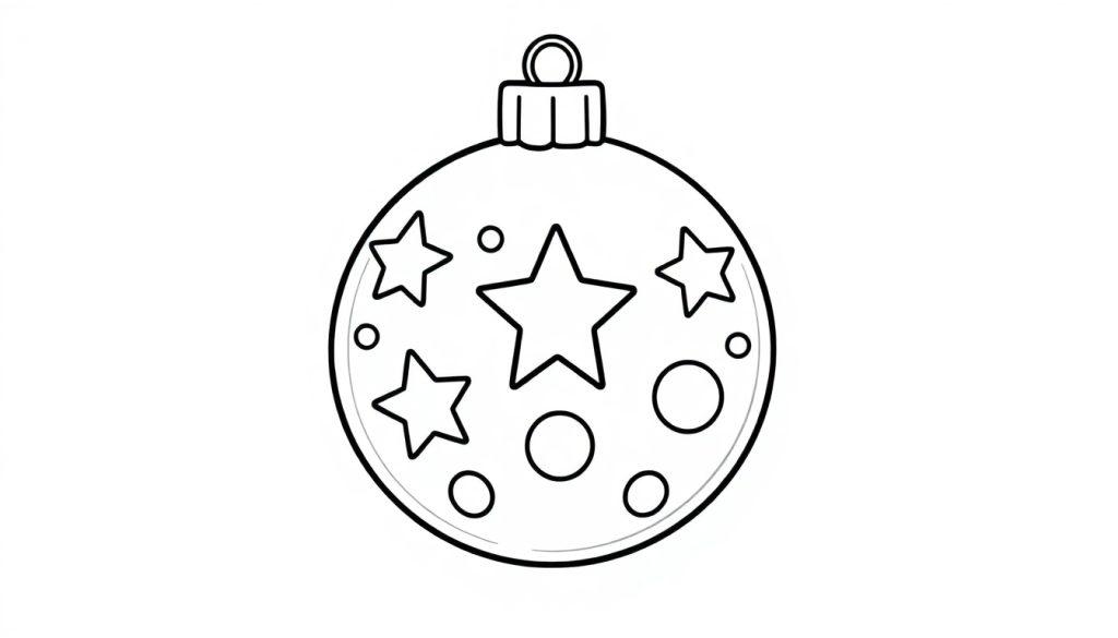 Eine niedliche Weihnachtskugel mit Sternen und Punkten zum Ausmalen. Schwarz-weiße Umrisszeichnung für Kinder. Eine Farbtafel.