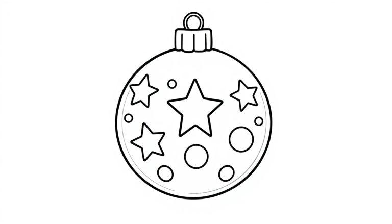 Eine niedliche Weihnachtskugel mit Sternen und Punkten zum Ausmalen. Schwarz-weiße Umrisszeichnung für Kinder. Eine Farbtafel.