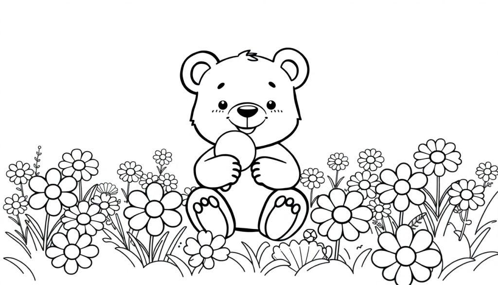 Farbtafel: Ein niedlicher Cartoon-Bär sitzt in einem Blumenfeld und hält einen runden Gegenstand.