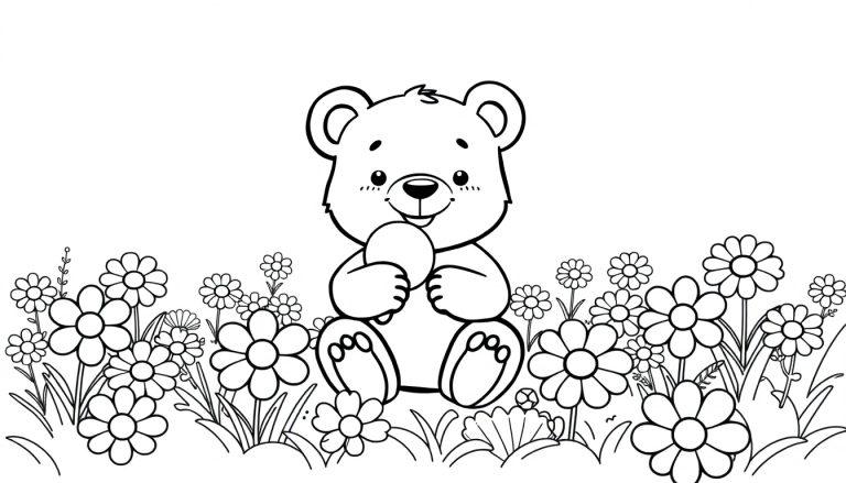 Farbtafel: Ein niedlicher Cartoon-Bär sitzt in einem Blumenfeld und hält einen runden Gegenstand.