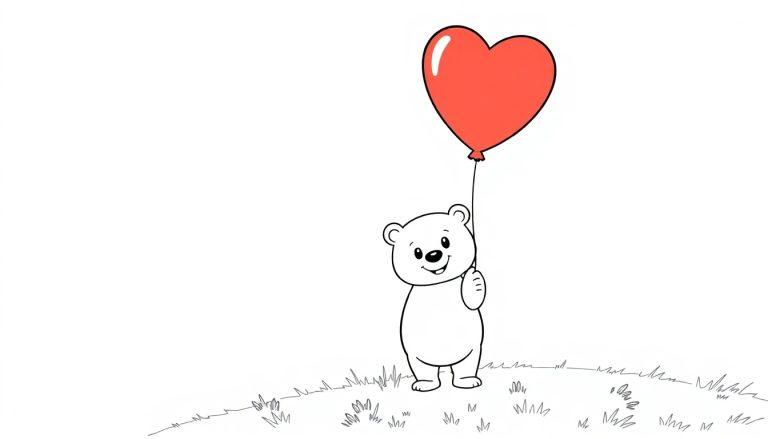 Eine Farbtafel-Skizze eines süßen Cartoon-Bären, der einen roten Herzballon hält.