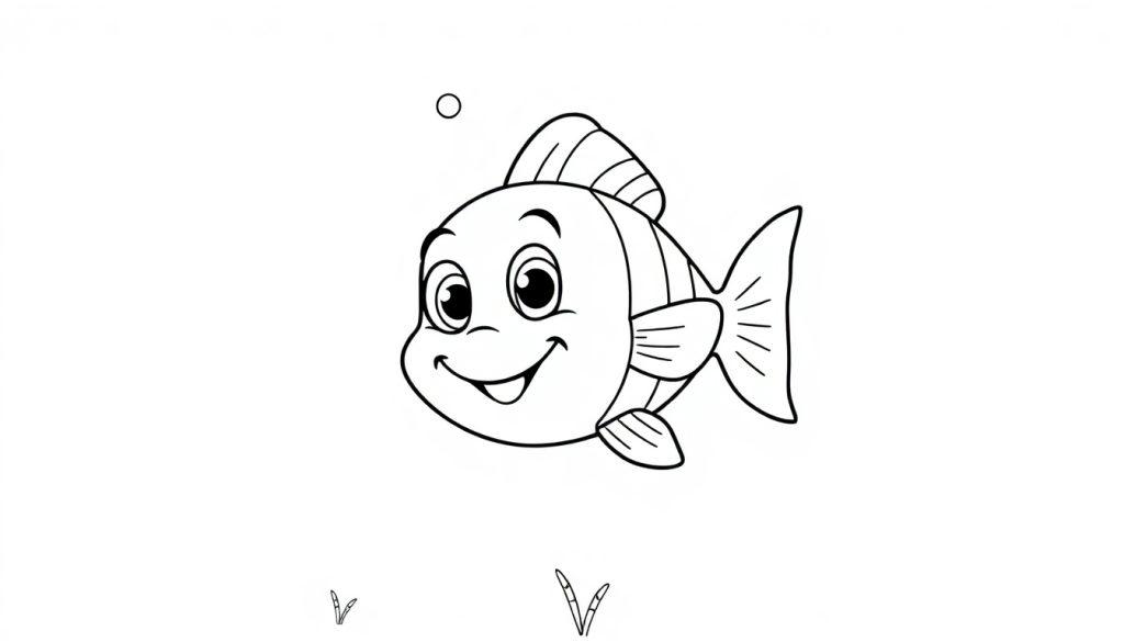 Eine Schwarz-Weiß-Farbtafel eines niedlichen Cartoon-Clownfisches mit großen Augen und einem Lächeln, mit einer Luftblase darüber und Pflanzen am unteren Rand.