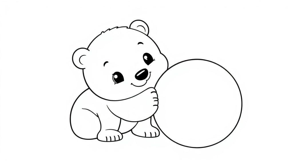 Eine schwarz-weiße Farbtafel mit einem niedlichen Cartoon-Eisbären, der neben einem Ball sitzt und bereit zum Ausmalen ist.