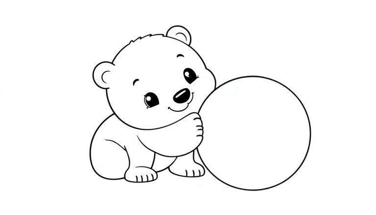 Eine schwarz-weiße Farbtafel mit einem niedlichen Cartoon-Eisbären, der neben einem Ball sitzt und bereit zum Ausmalen ist.