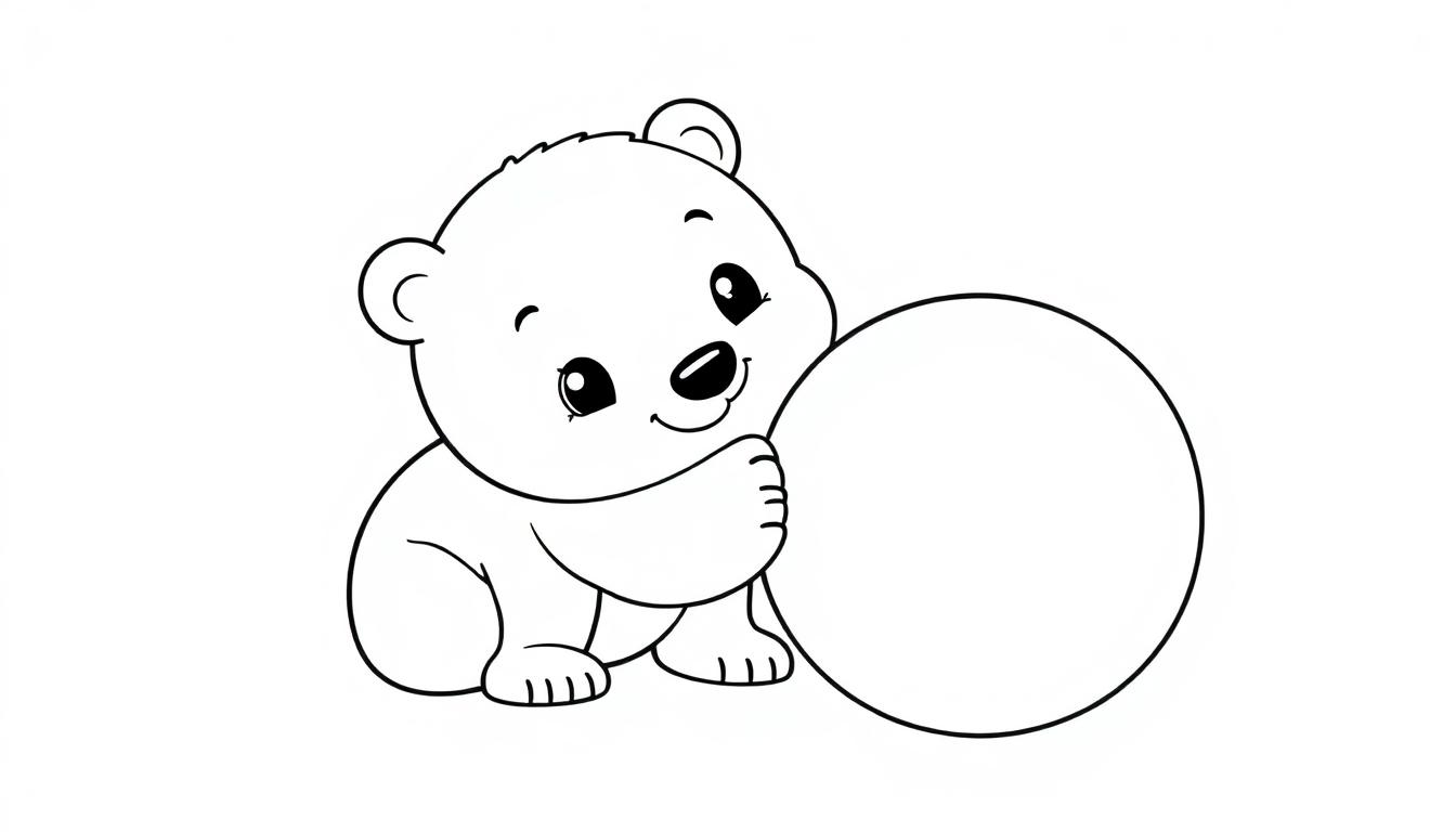Eine schwarz-weiße Farbtafel mit einem niedlichen Cartoon-Eisbären, der neben einem Ball sitzt und bereit zum Ausmalen ist.