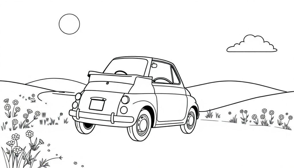 Schwarz-weiß-Ausmalbild eines Fiat 500 im Cartoon-Stil in einer Landschaft mit Hügeln, Blumen und einer Sonne als leeren Kreis.