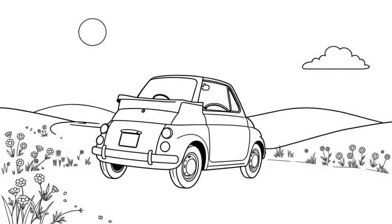 Schwarz-weiß-Ausmalbild eines Fiat 500 im Cartoon-Stil in einer Landschaft mit Hügeln, Blumen und einer Sonne als leeren Kreis.