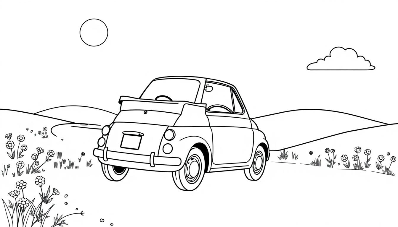 Schwarz-weiß-Ausmalbild eines Fiat 500 im Cartoon-Stil in einer Landschaft mit Hügeln, Blumen und einer Sonne als leeren Kreis.