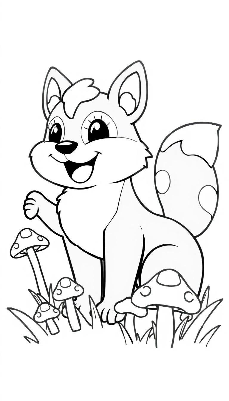 Eine süße Cartoon-Zeichnung eines Fuchses, der von Pilzen umgeben ist.