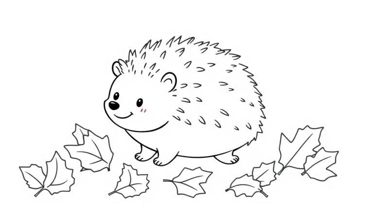 Eine Schwarz-Weiß-Farbtafel mit einem niedlichen Igel inmitten von Herbstblättern.