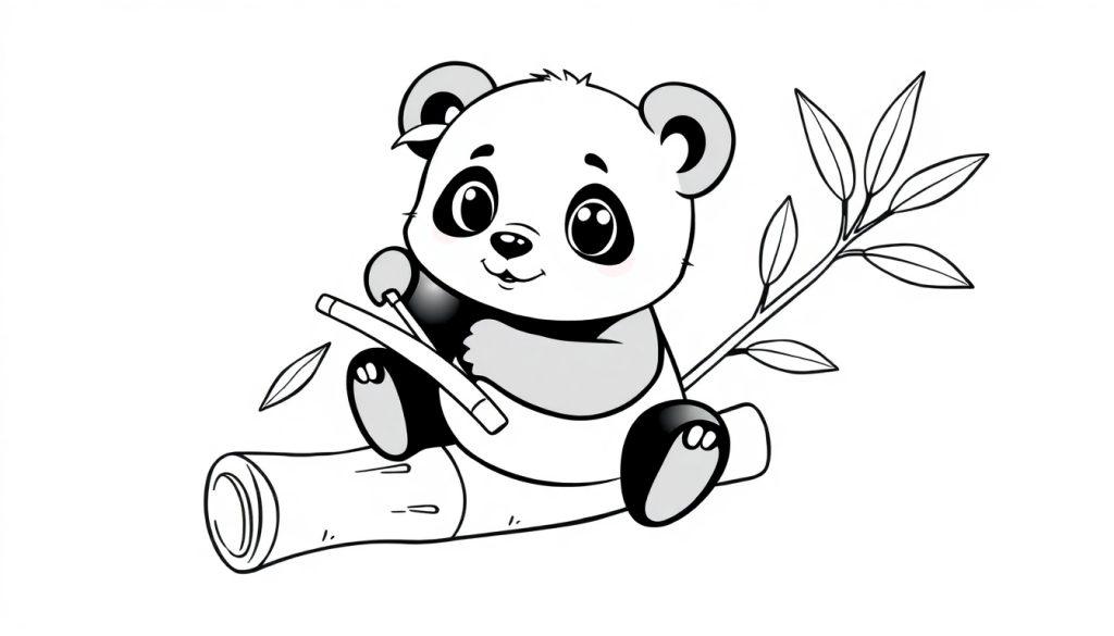 Ein niedlicher Cartoon-Panda, der auf einem Baumstamm sitzt und Bambus hält, eine Schwarz-Weiß-Farbtafel für Kinder.