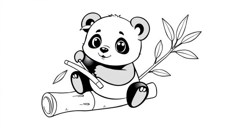 Ein niedlicher Cartoon-Panda, der auf einem Baumstamm sitzt und Bambus hält, eine Schwarz-Weiß-Farbtafel für Kinder.