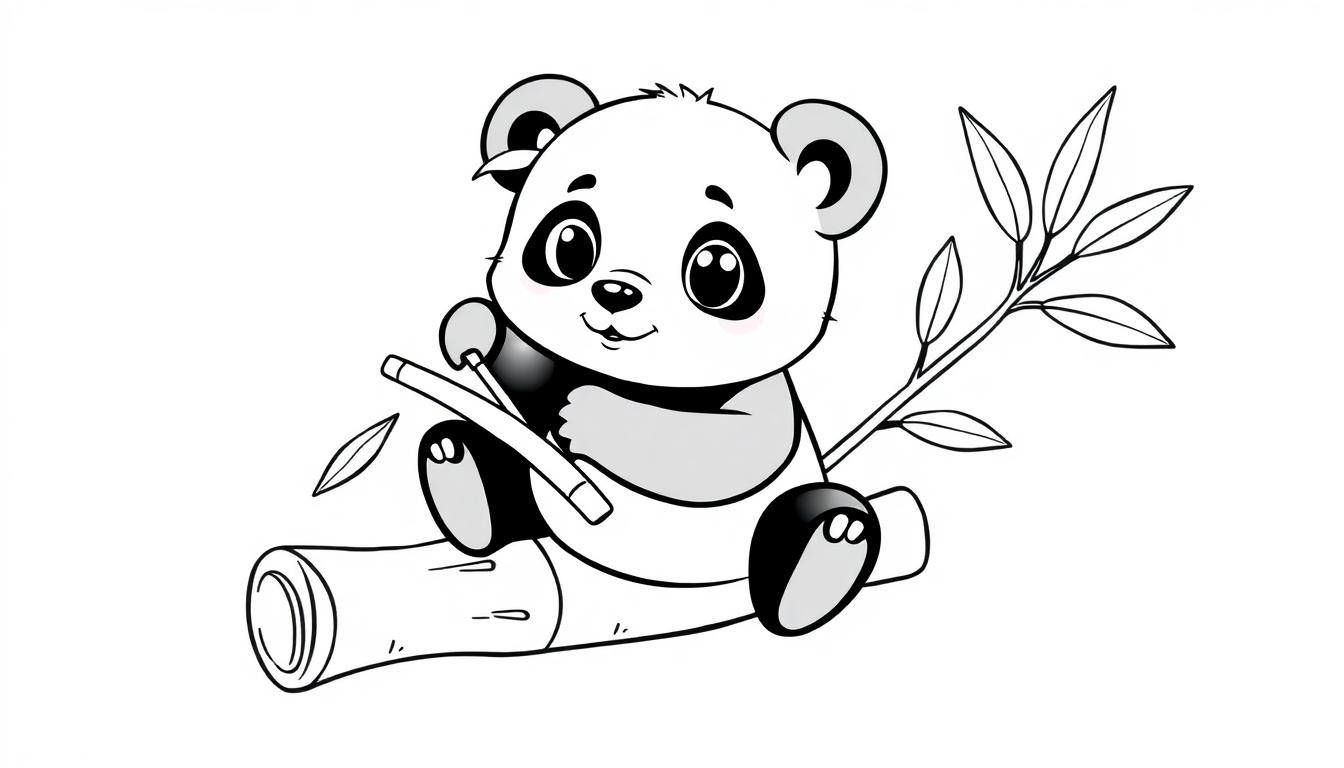 Ein niedlicher Cartoon-Panda, der auf einem Baumstamm sitzt und Bambus hält, eine Schwarz-Weiß-Farbtafel für Kinder.